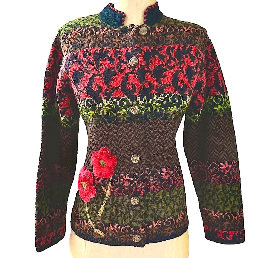 Susan Bristol Vintage Wool Cardigan Jacket 3D Floral Applique Cottagecore